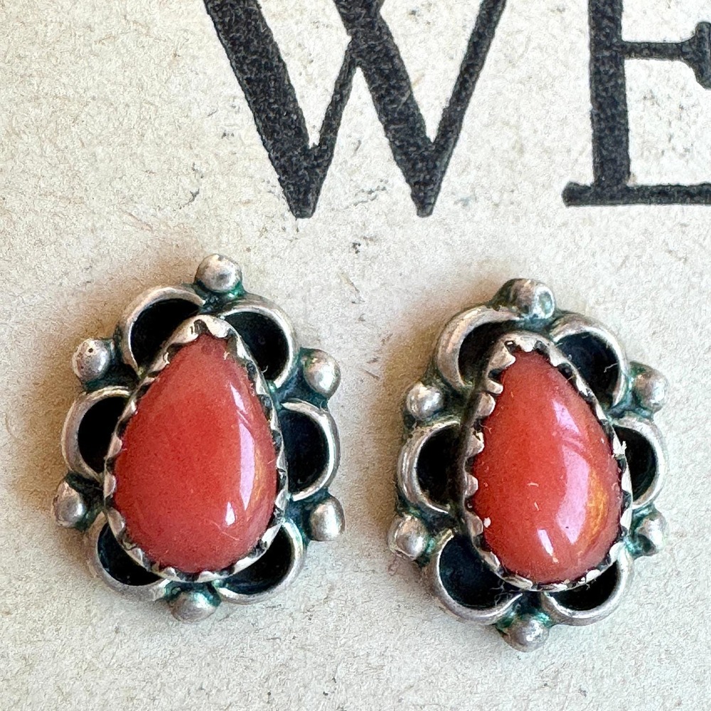 VTG Navajo Red Coral Stud Earring Pair Sterling Silver 925 Post Native Handmade
